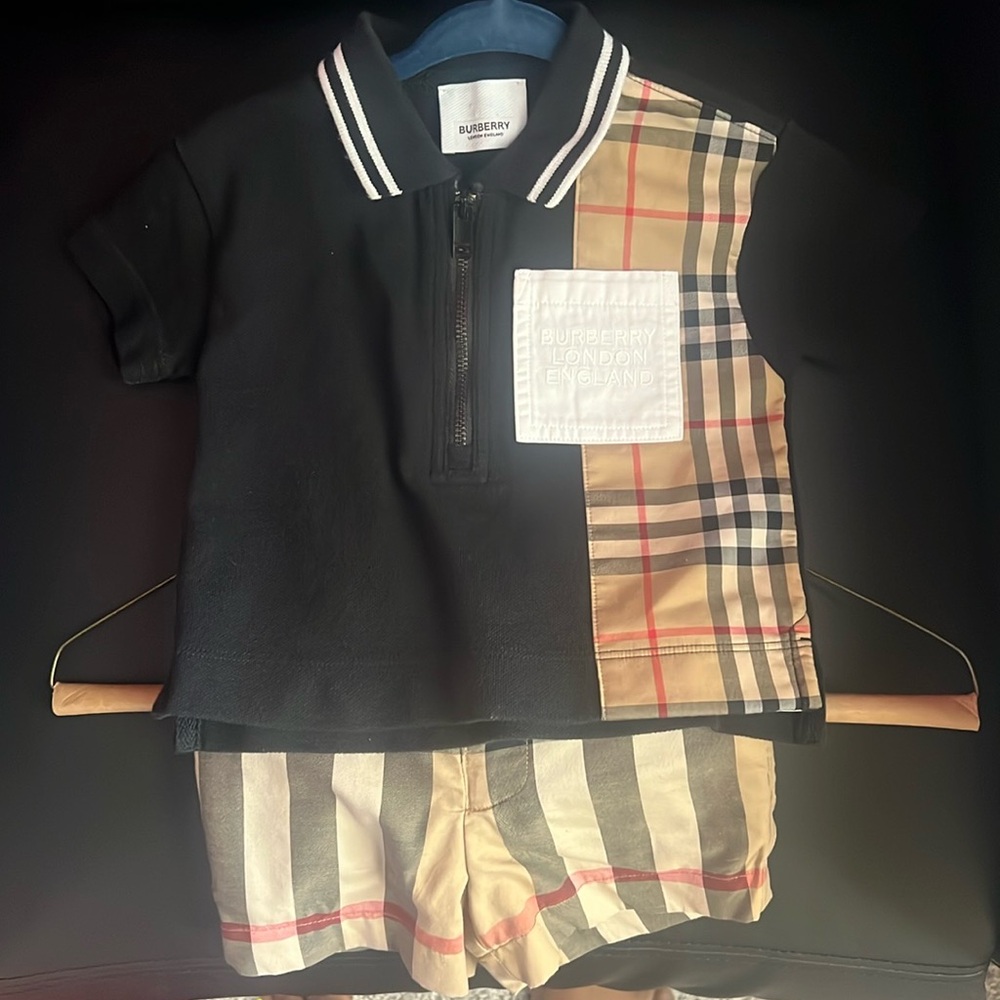 Used AUTHENTIC boys 6 months Burberry tan, black, red, and white short set.